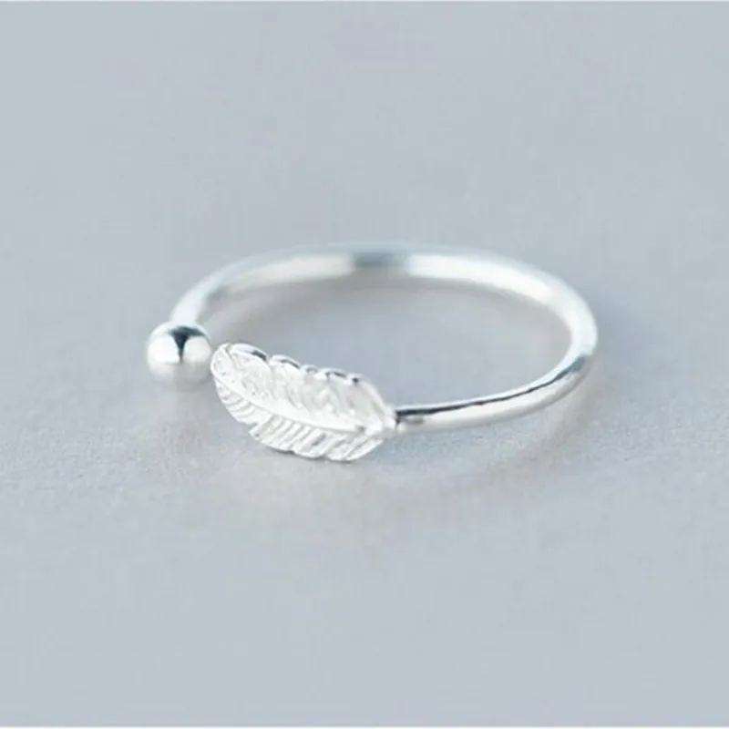 Qiandi 925 Sterling Silver Leaf Bird Feather Open Adjust Ring Christmas Charm Gift Women Girls 